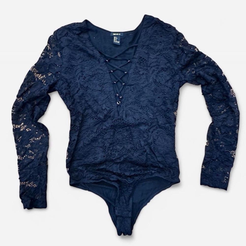 Forever 21 Black Lace Long Sleeve Bodysuit Size Small Gothcore Minimalist - Picture 3 of 10